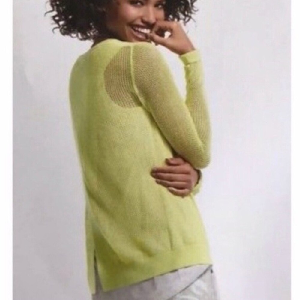 CAbi Neon Yellow Green Lightweight Cross Back Crew Neck Sweater